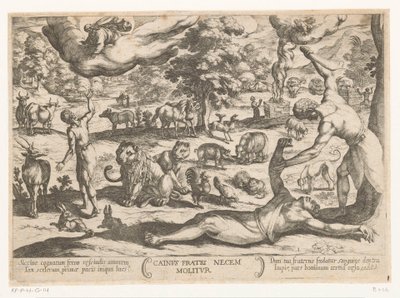 Caim mata Abel
Cainus fratri necem molitur (título sobre o objecto)
Cenas de batalha do Antigo Testamento (título da série) de Antonio Tempesta