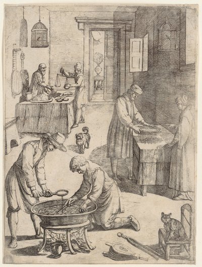 Homens e mulheres a pesar, a peneirar e a preparar caldo de Antonio Tempesta