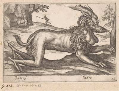criatura monstruosa Sátiro/ Sátiro (título no objeto) Animais e criaturas míticas (título da série) Nova raccolta de li animali piu curiosi del mondo (título da série) de Antonio Tempesta