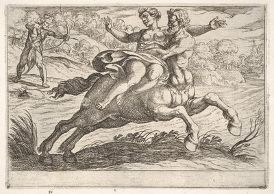 Nessus tentando tirar Dejanira de Hércules: Nessus impede Dejanira de costas wh ..., 1608. de Antonio Tempesta