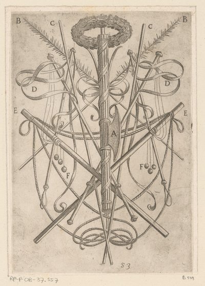 Ornamento com instrumentos de tortura
Tortura sofrida pelos mártires cristãos (título da série)
Varia tormentorum et supplicioru crudelium (...) (título da série) de Antonio Tempesta
