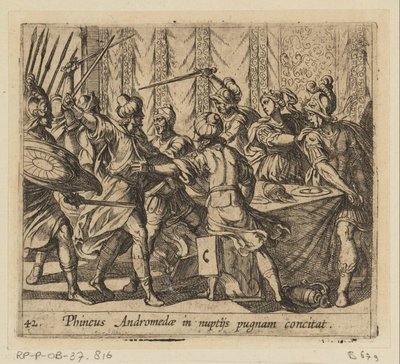 Phineus perturba o casamento de Perseus e Andrómeda
Phineus Andromedae in nuptijs pugnam concitat (título sobre o objecto)
Metamorfoseon sive transformationum (título da série)
Metamorfoses de Ovid (título da série) de Antonio Tempesta