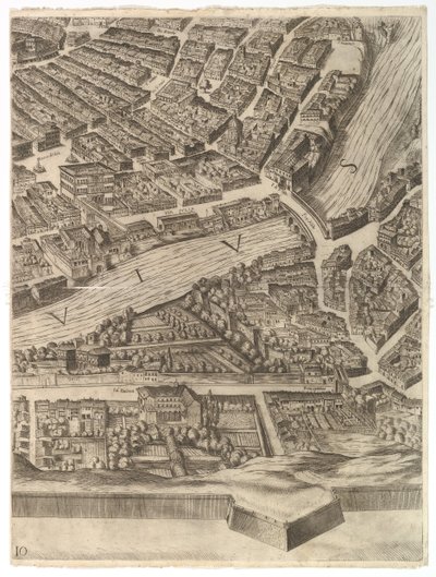 Plano da cidade de Roma. Parte 10 com o Tibre e a Villa Farnesina, 1645. de Antonio Tempesta