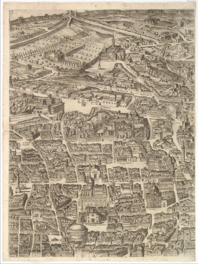 Plano da Cidade de Roma. Parte 3 com a Santa Maria Maggiore, o Panteão e o Trajano..., 1645. de Antonio Tempesta