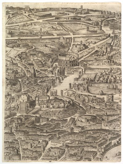 Plano da cidade de Roma. Parte 4 com a Santa Maria em Aracoeli, o Forum Romanum, o ..., 1645. de Antonio Tempesta