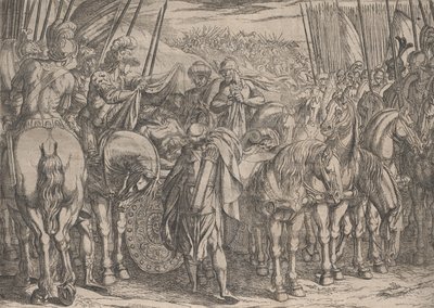 Placa 10: Alexandre encontrando o corpo de Dario, de Os feitos de Alexandre, o Grande, 1608. de Antonio Tempesta