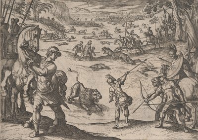 Placa 11: A caça ao leão de Alexandre, de Os feitos de Alexandre, o Grande, 1608., de Antonio Tempesta