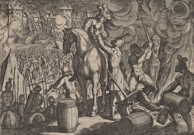 Gravura 13: Ataque à Fortaleza Romana à Noite, de A Guerra dos Romanos Contra os Ba..., 1611. de Antonio Tempesta