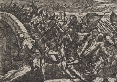 Gravura 27: Os holandeses durante um ataque surpresa do acampamento romano no Mosela, de The Wa..., 1611. de Antonio Tempesta