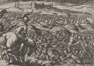 Gravura 29: Civilis inunda a terra quebrando defensivamente os diques, de The War of the R..., 1611. de Antonio Tempesta