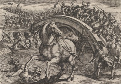 Gravura 31: Civilis forçados a desmontar e nadar através do rio, de A Guerra dos Romanos..., 1611. de Antonio Tempesta