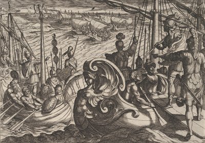 Gravura 33: Flotilhas holandesas e romanas no Reno, de A guerra dos romanos contra o B..., 1611. de Antonio Tempesta