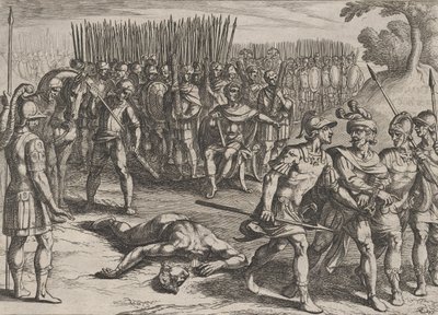 Gravura 3: Claudius Civilis preso e seu irmão Paulus decapitado, de The War of the Ro..., 1611. de Antonio Tempesta