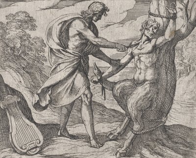 Placa 58: Apollo matando Marsyas Marsyas conquistado por Apollo é escoriado, de Ovídio 
