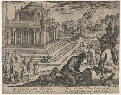 Ilustração 5: Tumba de Mausolus, pedreiros fazem uma coluna à direita, de The Seven Wonders ..., 1608. de Antonio Tempesta