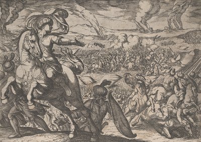 Placa 6: Dario fugindo do campo de batalha, de Os feitos de Alexandre, o Grande, 1608. de Antonio Tempesta
