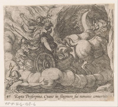 Plutão devora Proserpina definhando da ninfa Cyane Sequestrada por Proserpina, Cyane é transformada em uma piscina própria (título no objeto) Metamorfoseon ou transformações (título da série) Metamorfosen van Ovidius (título da série) de Antonio Tempesta