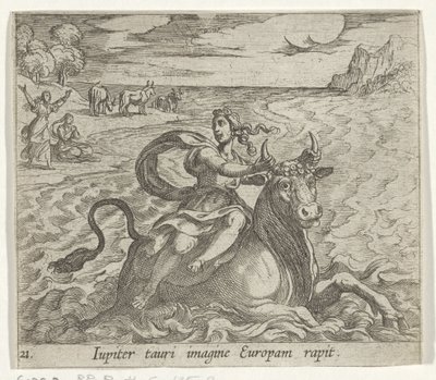 Carrinha de tejadilho Europa Júpiter captura Europa na imagem de um touro (título no objeto) Metamorfoseon ou transformações (título da série) Metamorfosen van Ovidius (título da série) de Antonio Tempesta