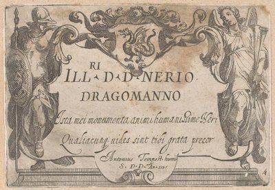 Impressão de título com cartucho com dedicação, ladeado por Minerva e Fama
Cenas de caça (parte 1) (título da série) de Antonio Tempesta