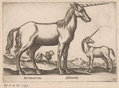 Dois unicórnios e um leão Monocerons/ Allicorno (título no objeto) Animais e criaturas míticas (título da série) Nova raccolta de li animali piu curiosi del mondo (título da série) de Antonio Tempesta