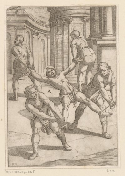 Quatro homens puxam os membros do santo Torturas sofridas por mártires cristãos (título da série) Varia tormentorum et supplicioru rawlium (...) (título da série) de Antonio Tempesta