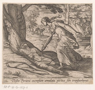 Zelfmoor de Thisbe Thijsbe tinha atravessado seu peito seguindo o exemplo de Pyramus (título no objeto) Metamorfoseon ou transformações (título da série) Metamorfosen van Ovidius (título da série) de Antonio Tempesta