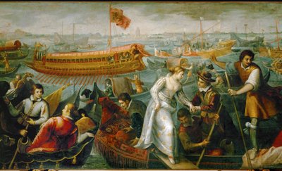 A rainha Caterina Cornaro, viúva do rei Jacob II de Chipre, chega a Veneza, forçada pela República a abdicar (óleo sobre tela) de Antonio Vassilacchi