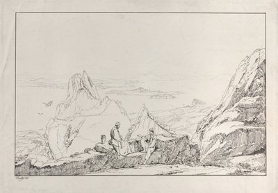 Paisagem montanhosa com dois homens em primeiro plano, 1828. de Antonio Vianello