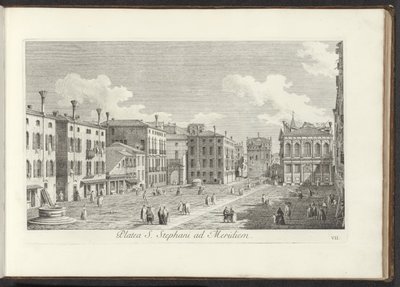 Gezicht op Campo Santo Stefano te Venetië Praça de Santo Estêvão ao Sul (título no objeto) Gezichten op bugemenen en pleinen in Venetië (título da série) As vistas mais famosas da cidade de Veneza, dos 38º painéis do Canal Antonius, impressos em latão por  de Antonio Visentini