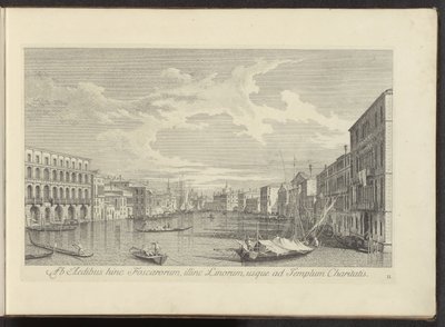 Gezicht op het Canal Grande te Venetië
Ab aedibus hinc Foscarorum, illinc Linorum, usque ad Templum Charitas (título sobre o objecto)
Urbis Venetiarum prospectus celebrriores, ex Antonii Canal tabulis XXXVIII aere expressi ab Antonio Vissentini in partes de Antonio Visentini