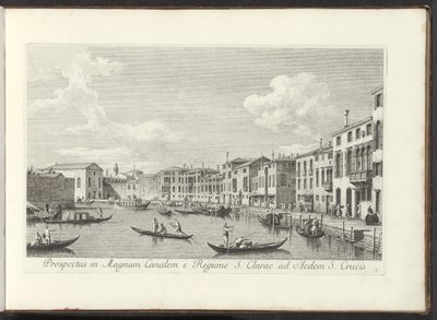 Gezicht op het Canal Grande te Venetië
Prospecto em Magnum Canalem e Regione S. Clarae ad Aedem S. Crucis (título sobre o objecto)
Urbis Venetiarum prospectus celebrriores, ex Antonii Canal tabulis XXXVIII aere expressi ab Antonio Vissentini in partes tr de Antonio Visentini