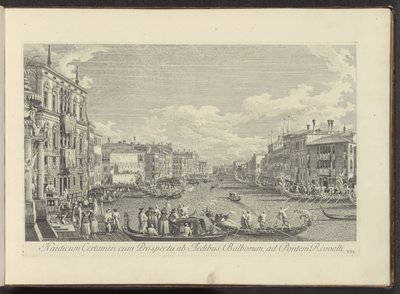 Gezicht no Canal Grande te Venetië waar de Regata plaatsvindt Competição Náutica com Vista das Casas de Balbore à Ponte Rivoalti (título no objeto) Mais vistas famosas da cidade de Veneza, dos painéis Antonius Canal 38 impressos no ar por Antonio de Antonio Visentini