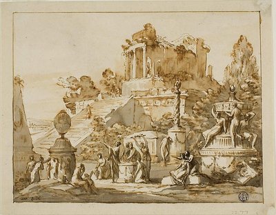 Paisagem clássica com um templo em ruínas numa colina, figuras femininas em baixo de Antonio Zucchi