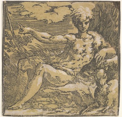São João Batista no deserto, um cordeiro ao seu lado, ca. 1527-30. de Antonio da Trento