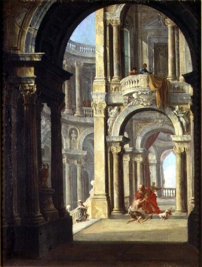 Um Capriccio de um Palácio Barroco com o Regresso do Filho Pródigo de Antonio de dipi (circle of) Joli
