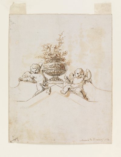 Dois Putti ao lado de um vaso com flores de Antonio di Dominici