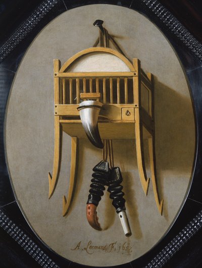 Trompe LOeil com uma gaiola de passarinhos e apito, século XVII de Antonius Leemans
