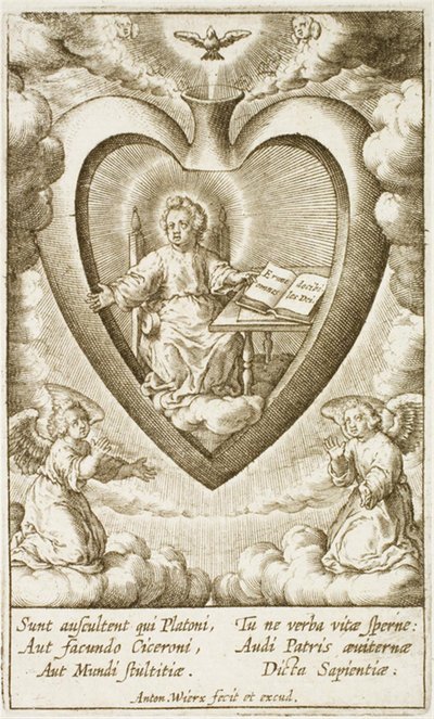 Menino Jesus sentado no Sagrado Coração com um livro aberto de Antonius Wierix (II)