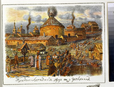 Canhão de lavanderia no rio Neglinnaya (Neglimna, Neglinna, Neglinka), no século XVII. Obra de Appolinari Mikhaylovich Vasnetsov (1856-1933), litografia de Apollinari Mikhailovich Vasnetsov