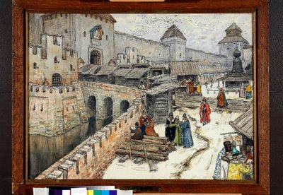 Moscou no século XVII, livreiros na ponte de Cristo Salvador - Obra de Appolinari Mykhaylovich Vasnetsov (1856-1933) de Apollinari Mikhailovich Vasnetsov