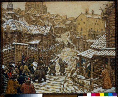 Músicos e chuveiros de urso numa rua de Moscovo no século XVII - Trabalho de Appolinari Mikhaylovich Vasnetsov (1856-1933) de Apollinari Mikhailovich Vasnetsov