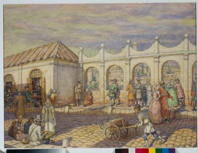 Cena de rua na Ponte de Pedra (Ponte de Todos os Santos) em Moscou na época de Pedro I, o Grande (1672-1725) - Obra de Appolinari Mikhaylovich Vasnetsov (1856-1933) de Apollinari Mikhailovich Vasnetsov