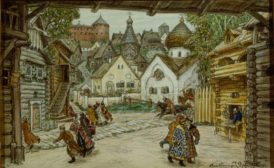 Cenografia da ópera Oprichnik The Guardsman de Pyotr Tchaikovsky, 1911 de Apollinari Mikhailovich Vasnetsov