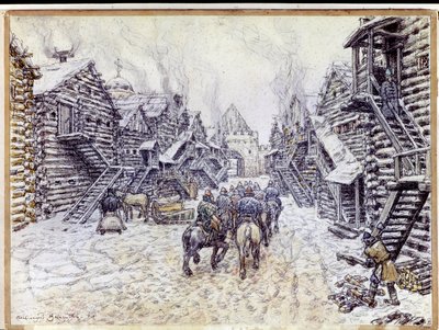 Velha Moscou. Arquitetura de madeira tradicional sob a neve. Obra de Appolinari Mikhaylovich Vasnetsov (1856-1933), aquarela e giz sobre papel de Apollinari Mikhailovich Vasnetsov