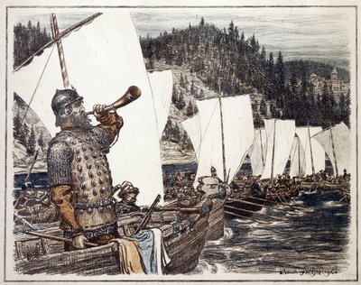 Yermak Timofeyevich (ca. 1540-1585) sobre o rio Irtysh. Episódio da exploração e conquista da Sibéria em 1583. Obra de Appolinari Mikhaylovich Vasnetsov (1856-1933), litografia 1916. Arte russa, 20 de Apollinari Mikhailovich Vasnetsov