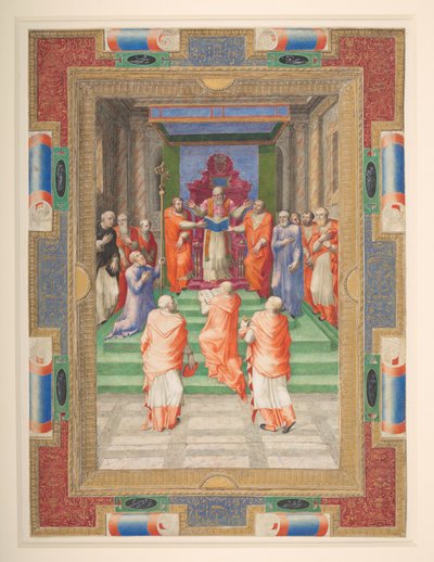 Uma cerimónia papal, Paulo IV ergue-se em frente ao trono papal, Acrescente. MS 35254 Q, c.1555-59 (vellum) de Apollonio di Bonfratelli