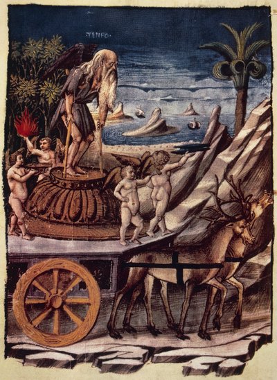 O triunfo do Tempo, a carruagem do Tempo sendo puxada por veados, miniatura de Apollonio di Giovanni (1415 ou 1417-ca 1465) de Triumphs, poema alegórico de Francesco Petrarca (1304-1374), manuscrito 1129, fólio 42, verso, Itália de Apollonio di Giovanni di Tommaso