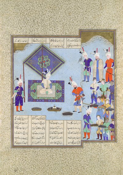 Os prêmios de guerra de Kai Khusrau são prometidos, Folio 225v do Shahnama..., ca. 1530. de Aqa Mirak