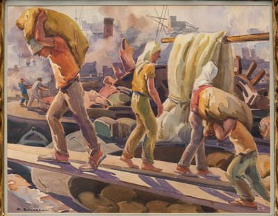 Trabalhadores no porto de Génova (aguarela sobre papel) de Arcangelo Salvarani