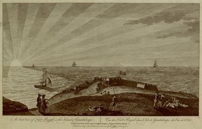 Um grupo de soldados descansa no topo de uma colina em primeiro plano, com Fort Royal além, navios à vela e o pôr-do-sol no mar em segundo plano de Archibald (after) Campbell